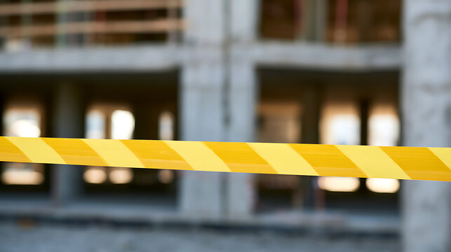 Bright yellow and black hazard warning tape blocking access to an unsafe construction site with unfinished concrete building structure in the bac