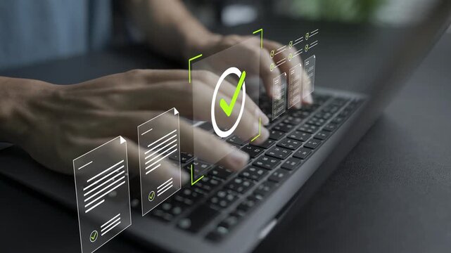 Compliance checklist and document verification concept. Person using laptop with checklist, stamp and approval icons, regulatory audit, official document check and corporate standards.
