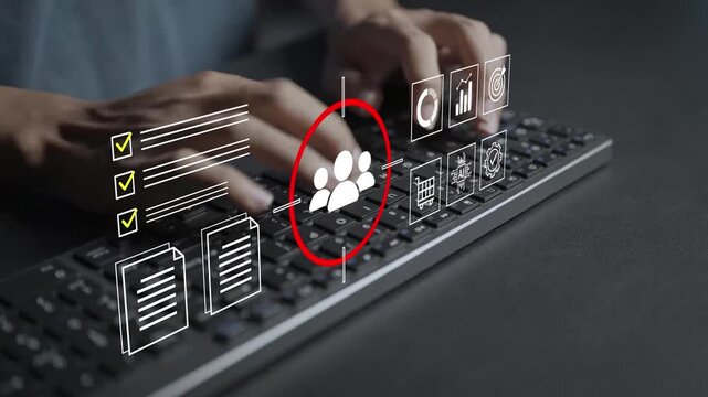 Insight survey, target and marketing data analysis concept. Person typing keyboard with survey checkmark, target audience and graph icons, market research and audience engagement.