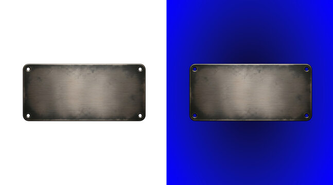A rectangular metal plate with four corner holes, featuring a brushed steel texture and a dark metallic finish, isolated on a white background