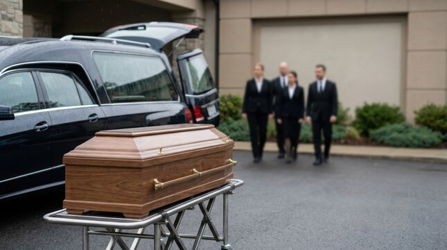 Wooden coffin on a cart next to a hearse with funeral directors walking in the background.