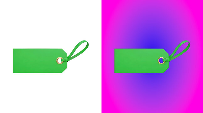 A single blank green rectangular price tag with a gold eyelet and a green string, isolated on a vibrant pink and purple gradient background