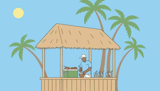Vendor prepares fresh coconut drink inside wooden beach hut with palm trees under bright sunny blue sky.