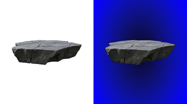 A single floating grey stone platform with cracked texture and sharp edges, isolated on a white background, for product, display or compositing