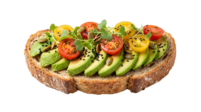 Avocado toast with cherry tomatoes and seeds on sourdough. Healthy vegan breakfast sandwich. Fresh avocado slices on crusty bread.