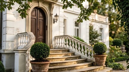 Fototapeta premium An elegant entrance featuring stone steps, potted topiary plants, and a wooden door exemplifies upscale real estate architecture captured in bright natural sunlight