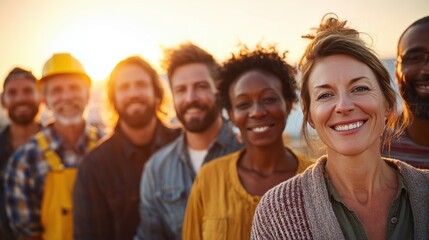 Obraz premium Group of diverse workers smiling together at sunset for labor day concept