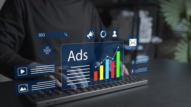 Digital advertising and marketing analytics platform concept. Person typing keyboard with promotion, data graph and click icons, ad performance and market intelligence.