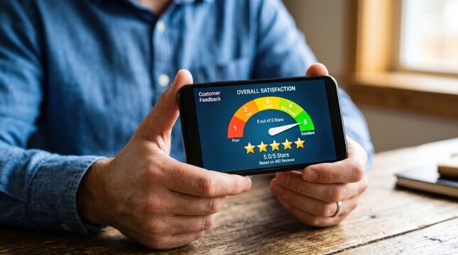 Customer satisfaction gauge on smartphone held by person during business meeting with soft window light