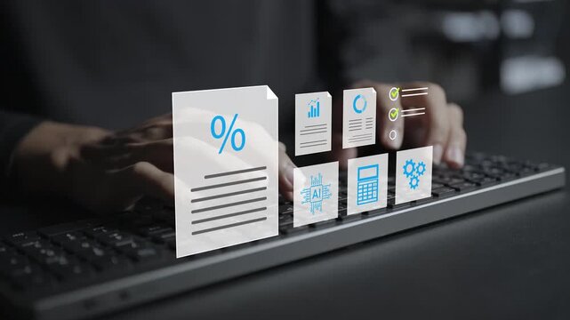 Digital tax planning and annual filing process concept. Person typing keyboard with financial document, income chart and tax badge icons, corporate e filing management.