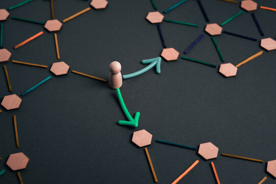 Strategic business choice concept showing individual navigating complex system and multiple paths