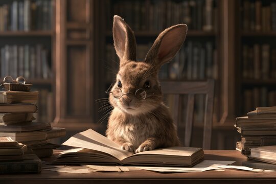 Warmly lit wooden desk in a library featuring a rabbit with round glasses engaging with open books