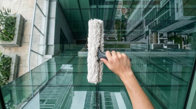 Professional worker cleans high rise building exterior window with microfiber wand