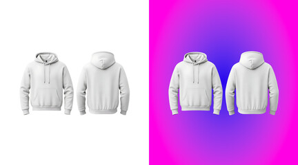 Two plain white hooded sweatshirts shown from front and back views, displayed on a white background, and a vibrant, pink gradient background © sultan