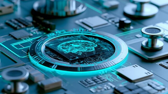 AI medical technology concept with artificial intelligence, digital healthcare, human heart, brain interface, advanced diagnosis, data analysis, innovation, futuristic medicine and smart health system