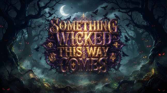 A dark and mysterious forest scene featuring the text something wicked this way comes illuminated in a glowing golden font against a spooky night background