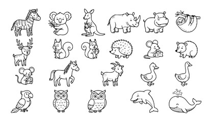 Fototapeta premium Cute Cartoon Animal Doodles Hand Drawn Line Art Vector Set for Kids Education