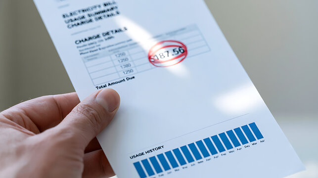 A close up view of a hand hold a high electricity bill with a circled total amount due amount display, utility cost crisis concept, clean design