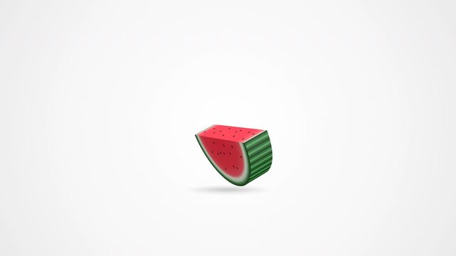 A photorealistic 3D watermelon slice with dynamic shading, seeds, and rind texture, elegantly floating and rotating on a pristine white background.
