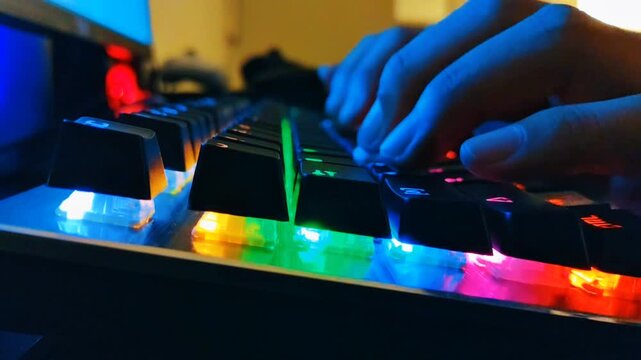 Side view shot of fingers typing fast on a dark laptop keyboard with blue backlight. Perfect for technology presentations, cyber security videos, coding tutorials, and digital workplace themes.