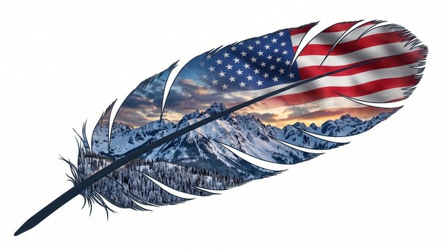 American Eagle Feather with Flag and Mountain Landscape Design