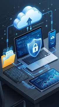 Digital illustration of cloud computing, secure connection, and data flow on devices, symbolizing modern technology and data management
