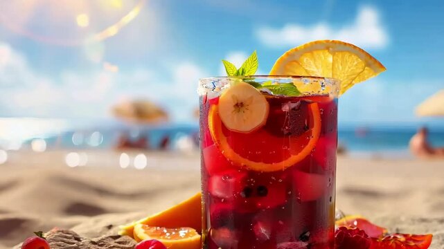 Tall glass of fruity red sangria with orange slices standing on sand by the sea, tropical beach refreshment, summer holiday cocktail.
