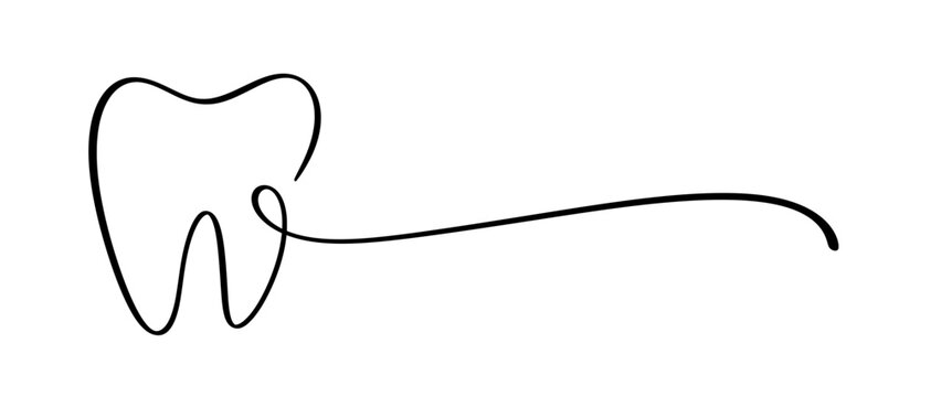 Tooth continuous one line drawing with swash tail for dentist branding vector element.