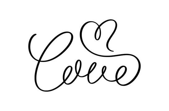 Love calligraphic vector lettering script with heart swirl element for wedding and greeting card decor.