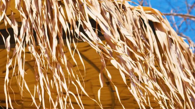 Close up of dried palm leaves thatch roof blowing gently in the wind under bright blue sky. Scenic tropical beach resort decor background perfect for summer vacation, island lifestyle,and travel video