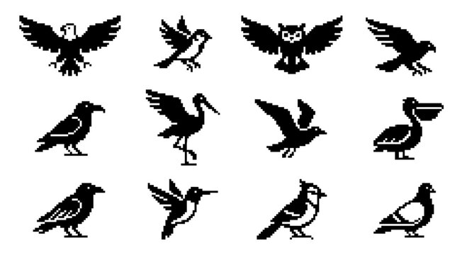 Collection of pixel art bird silhouettes.
