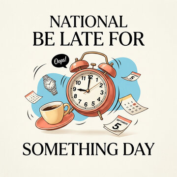 National Be Late For Something Day funny illustration with alarm clock and calendar pages