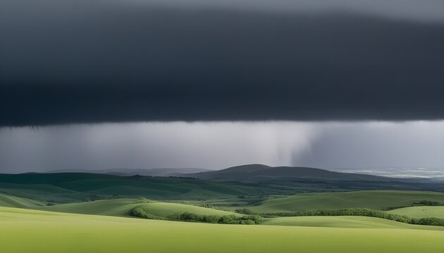 Hailstorm clouds building over rolling hills, dramatic dark green-grey light