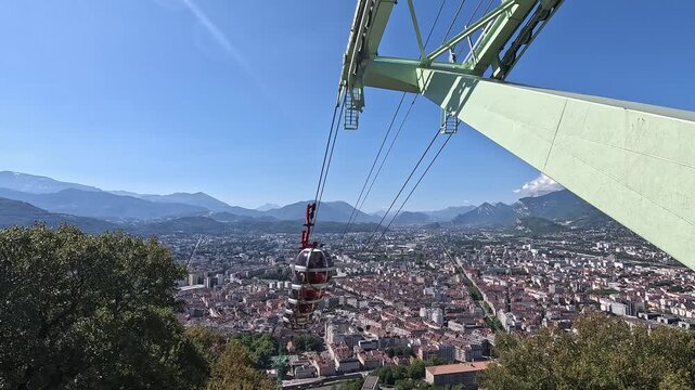Spherical Les Bulles cabins descending from the Bastille above the Isere valley, Grenoble, Isere, Auvergne-Rhone-Alpes