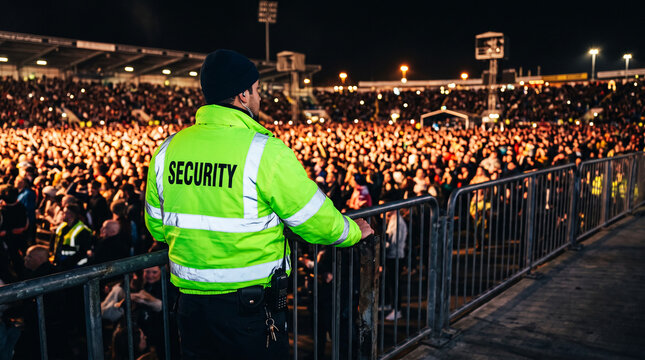 Security guard in a neon jacket watches a large crowd at a night event, symbolizing safety, order, and public gathering management