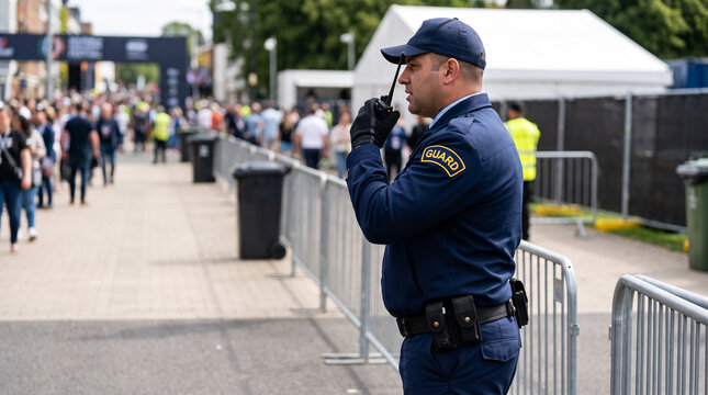 Security guard wearing a uniform with a communication device, overseeing a crowd at an outdoor event, representing safety and order