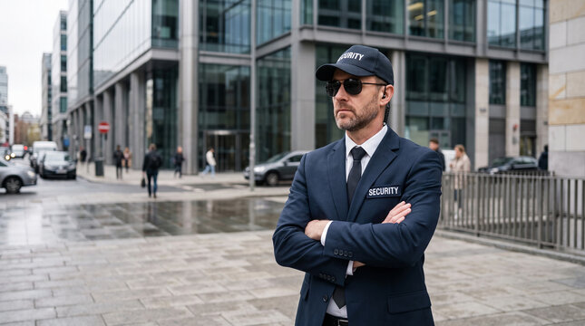 Security guard in uniform with crossed arms, representing safety, protection, and professionalism in an urban business environment, concept for security service.