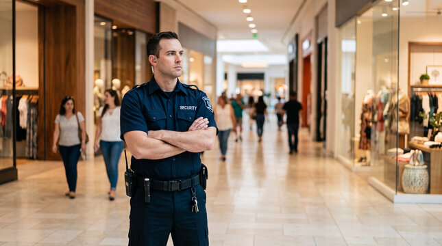 A male security guard stands confidently in a shopping mall, representing safety and order in commercial spaces