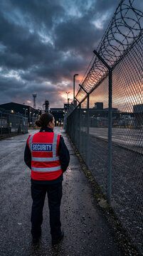A security guard stands by a barbed wire fence at sunset, symbolizing protection, vigilance, and industrial environments.