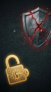 A digital lock and key symbolize access, with a cracked shield representing breached security. Concept of data protection failure.