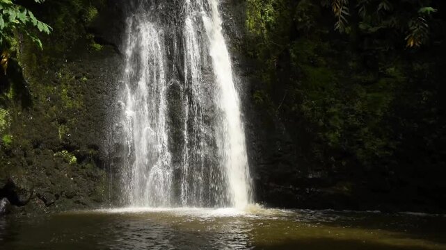 Salto do Prego Plunge waterfall dropping into a brown pool below mossy basalt, Sao Miguel, Azores, Portugal