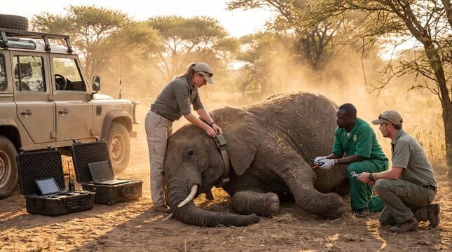 Wildlife veterinarians examining sedated elephant in African savannah with conservation team.