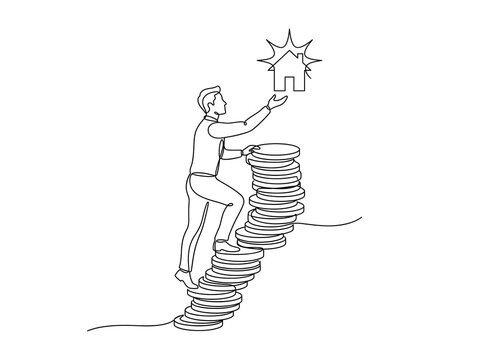 Businessman climbing stack of coins reaching for dream house, one line drawing