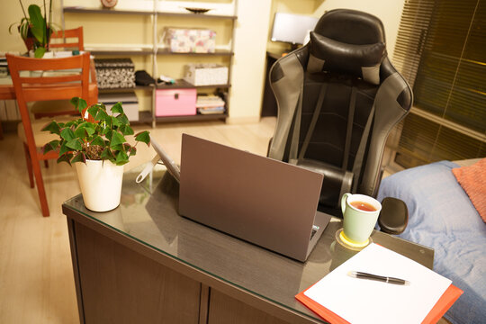 Bright home office workspace with laptop on glass desk, ergonomic chair, notebook, coffee mug, potted plant, storage shelving, and cozy living room furnishings, with home, office, workspace, laptop