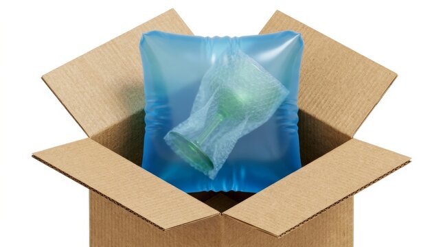 Green glass goblet packaged in blue air cushion inside a cardboard box