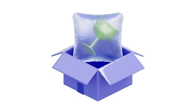 Glossy blue shipping box with fragile goblet safe inside air cushion packaging
