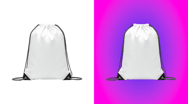 A blank white drawstring backpack with black cords, isolated on a white background, studio product for apparel branding