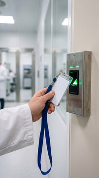 Hand holding blank ID card near access control reader in a sterile laboratory, symbolizing security and access, perfect for science or business concepts