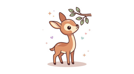Fototapeta premium Cute cartoon fawn looking at a green leafy branch on a white background