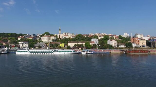 Aerial view of the Belgrade waterfront with river boats docked along the Sava river in Belgrade, City of Belgrade, Serbia.